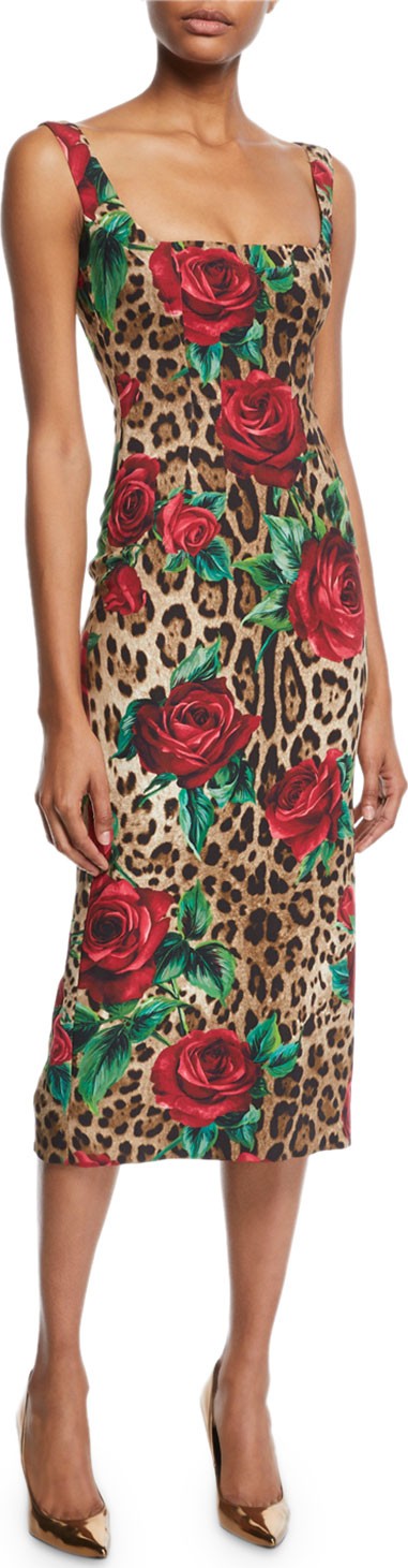 Dolce & Gabbana Sleeveless Square-Neck Rose & Leopard Print Dress