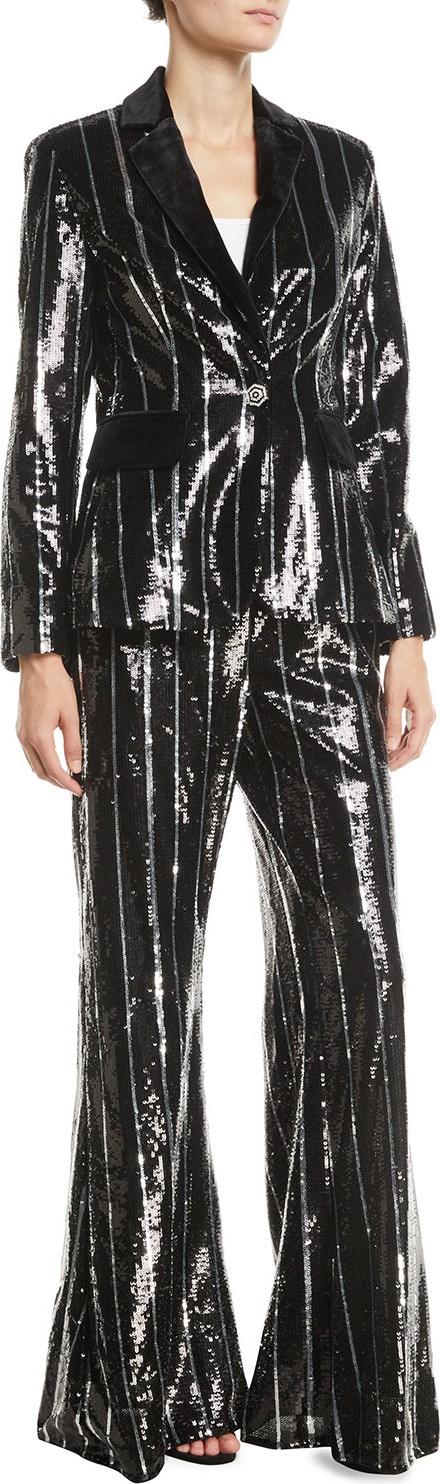 Jovani Flared Sequin Striped Pants