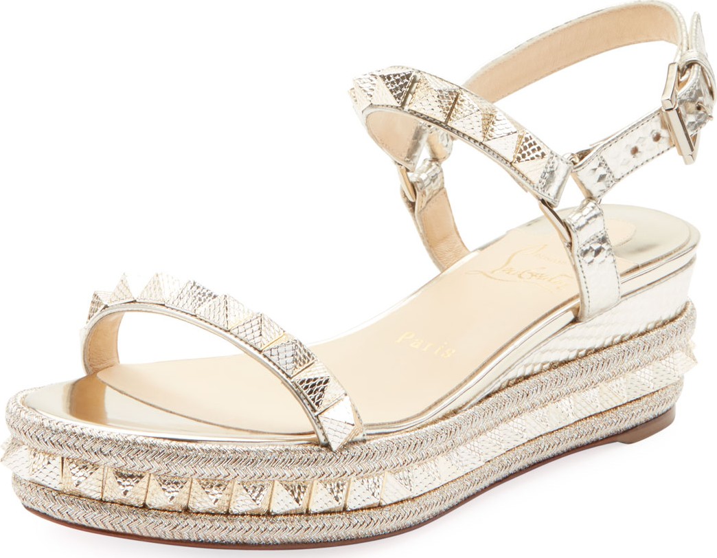 Christian Louboutin Pyraclou Calf Cubiste Metallic Red Sole Espadrille Sandals