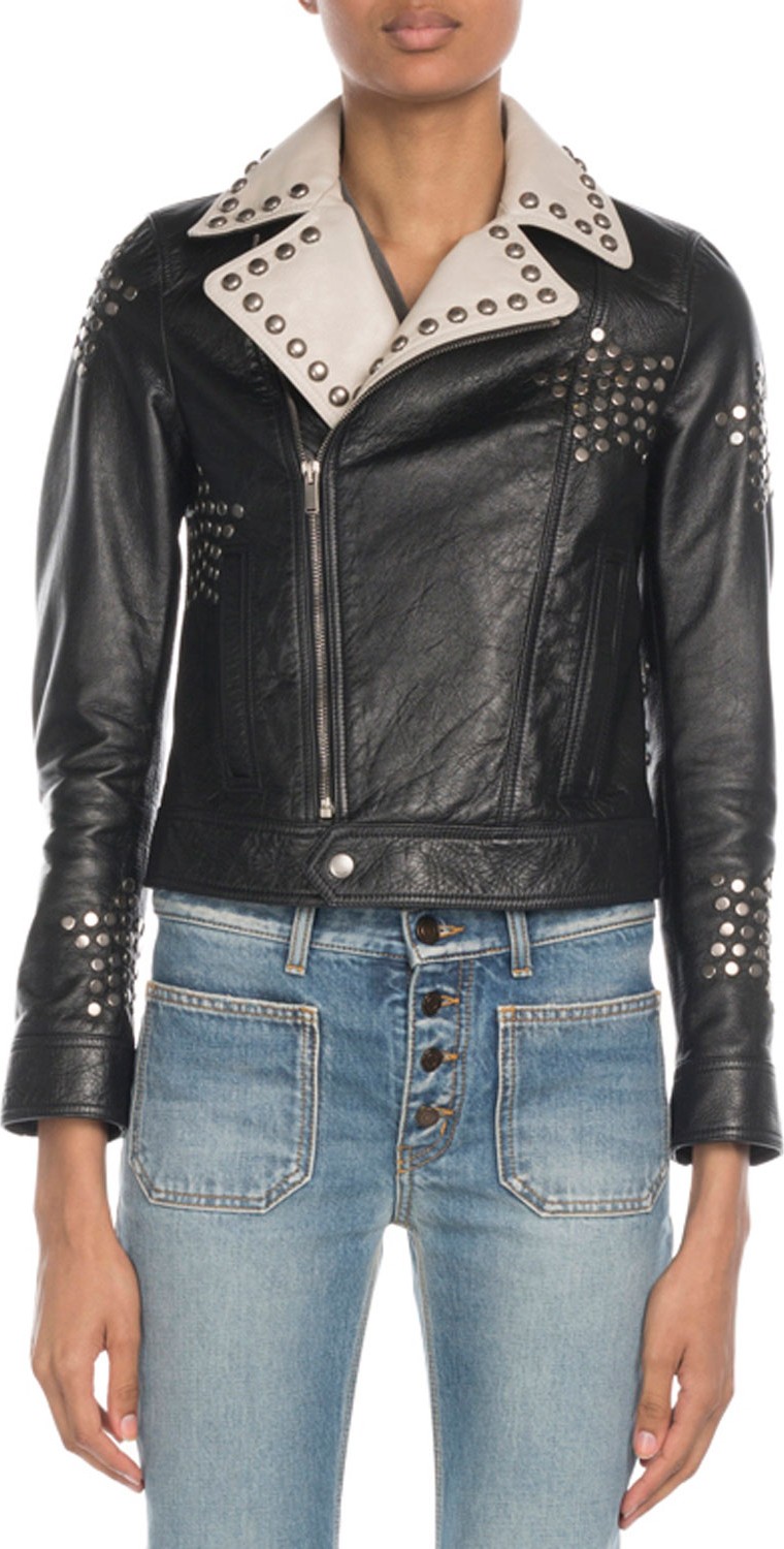 Saint Laurent Star-Studded Contrast Collar Leather Jacket
