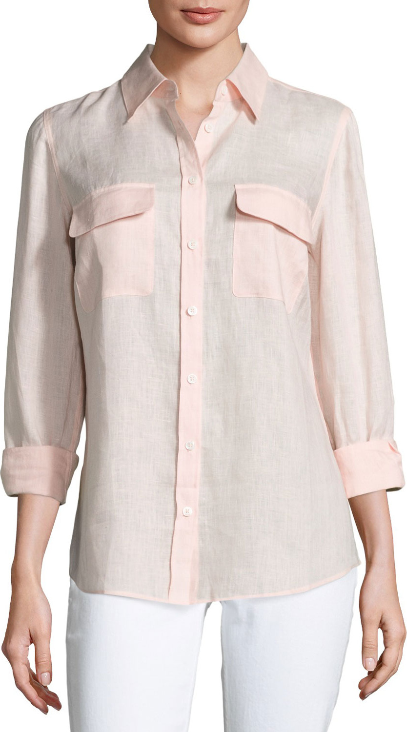 Go Silk Long-Sleeve Button-Front Linen Top