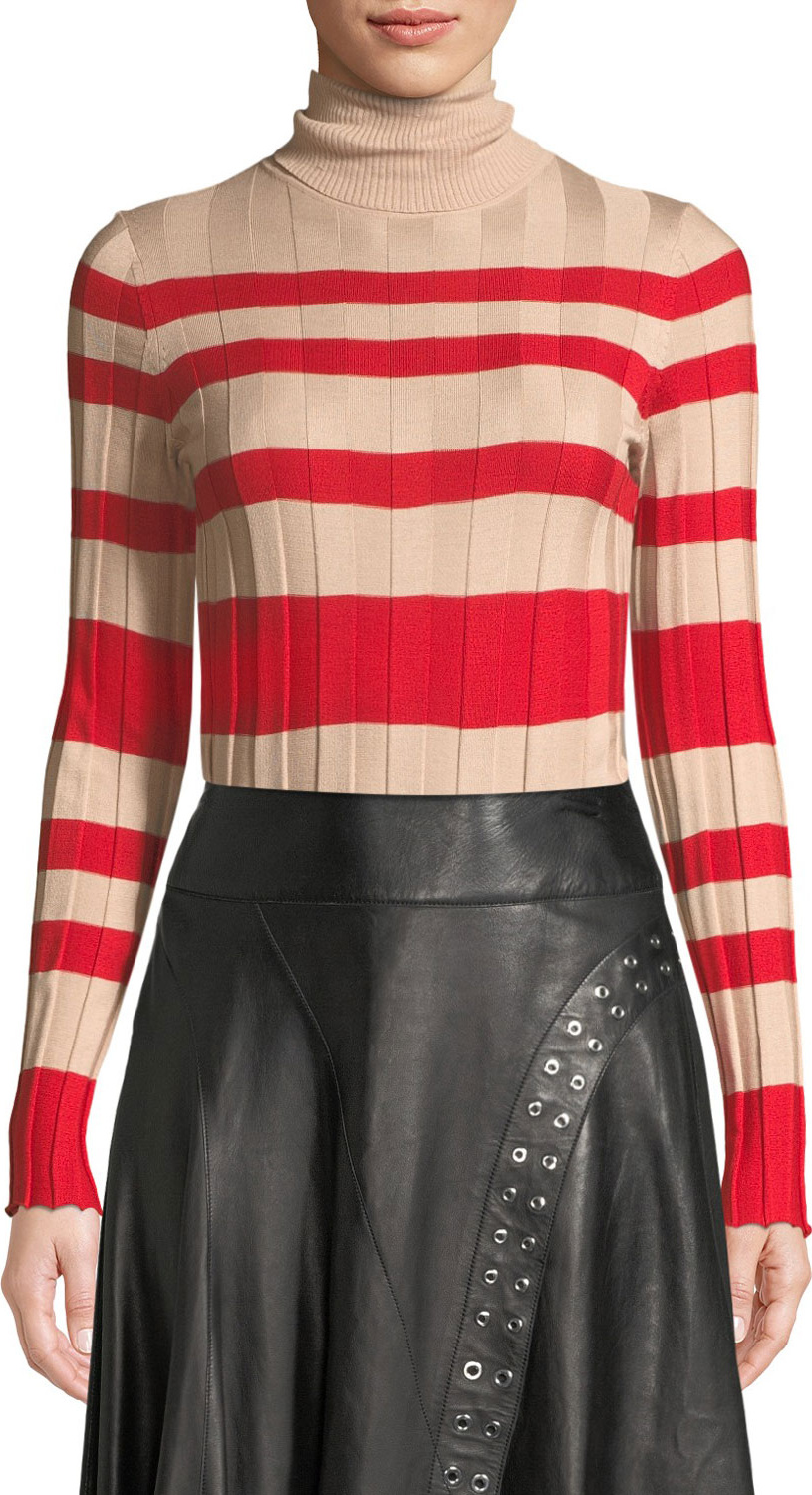 Derek Lam Long-Sleeve Striped Rib-Knit Turtleneck Sweater