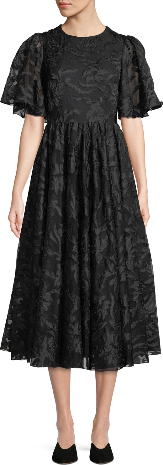 Co Flared-Sleeve Floral-Applique Fit-and-Flare Cocktail Dress