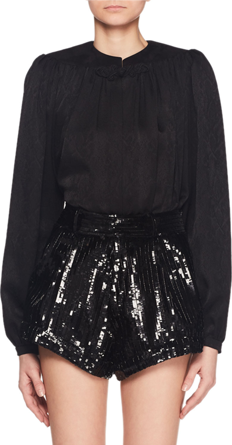 Saint Laurent Long-Sleeve Tonal-Print Silk Blouse