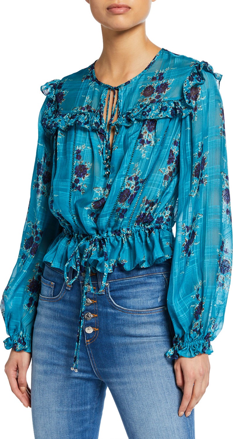 Veronica Beard Kelly Floral-Print Long-Sleeve Ruffle Blouse