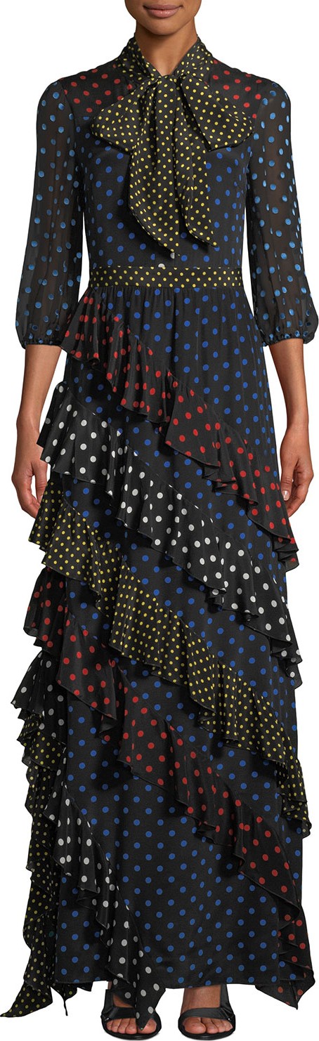 Alice + Olivia Lessie Tie-Neck Blouson-Sleeve Ruffle Dress