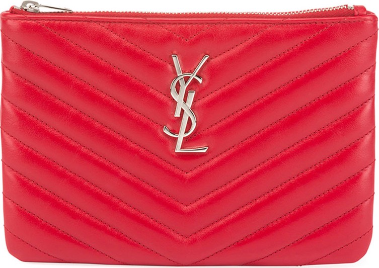 Saint Laurent Monogram YSL Small Chevron Quilted  Zip-Top Pouch Bag - Silver Hardware