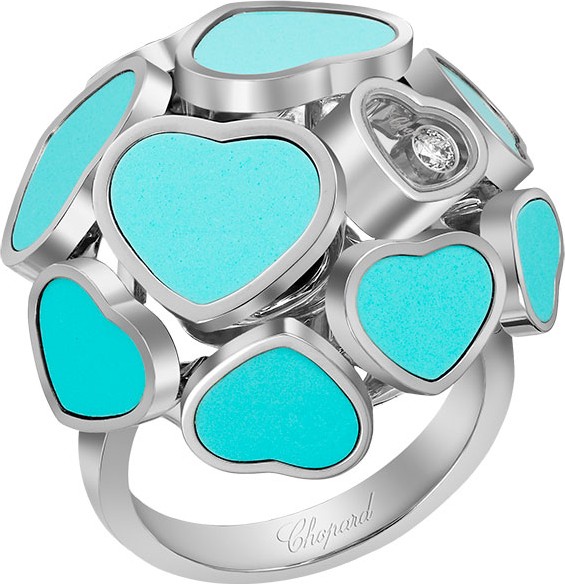 Chopard Happy Hearts 18k White Gold  Turquoise & Diamond Ring, Size 53