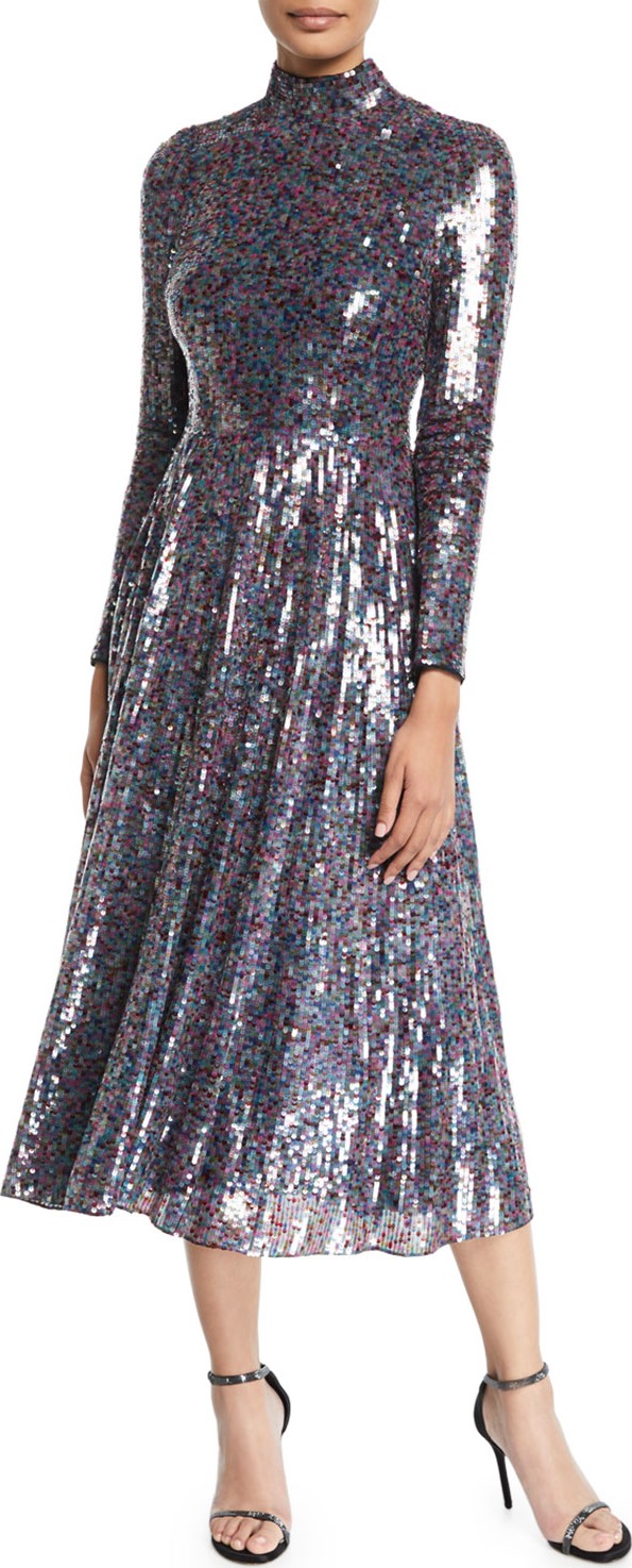Escada Long-Sleeve Mock-Neck Sequined Midi Dress