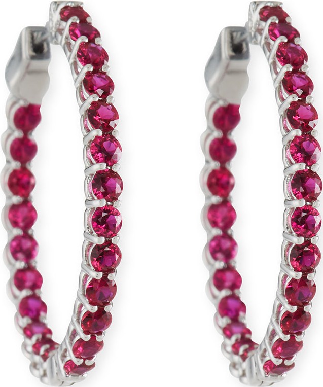American Jewelery Designs Small Ruby Hoop Earrings in 18K White Gold
