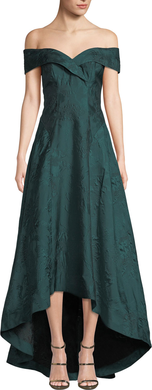 Rickie Freeman for Teri Jon Jacquard Off-the-Shoulder High-Low Dress