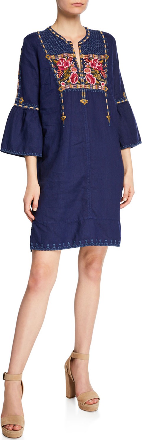 Johnny Was Axton Split-Neck Flute-Sleeve Tunic Dress