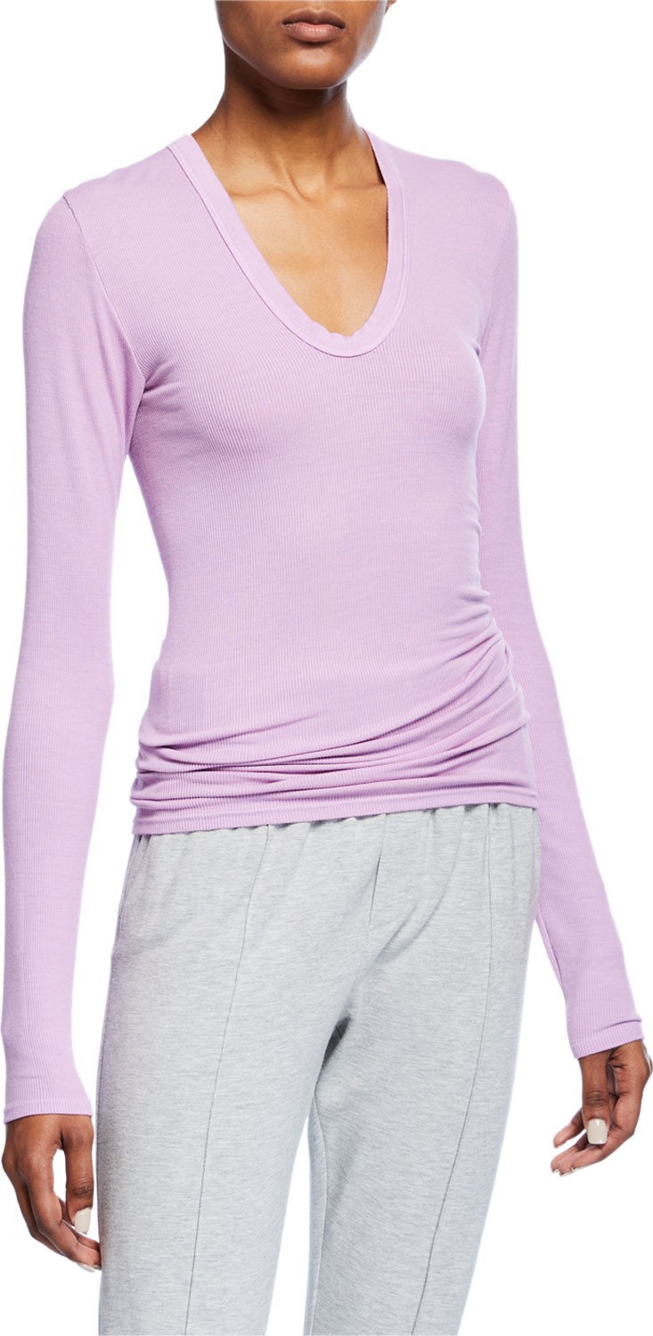 ENZA COSTA Rib-Knit Fitted U-Neck Pullover Sweater