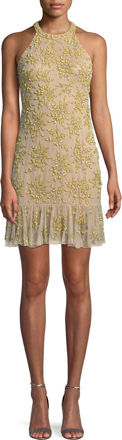 Parker Rayna Floral Embroidered Mini Halter Cocktail Dress