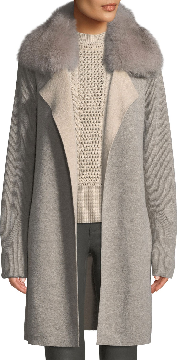 Sofia Cashmere Cashmere Double-Face Coat w/ Fur Collar