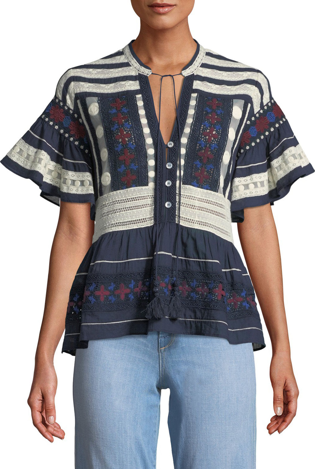 SEA Ila Tassel-Tie Short-Sleeve Mixed-Embroidered Blouse