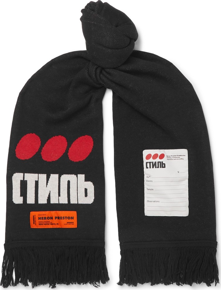 Heron Preston Fringed Logo-Intarsia Knitted Scarf