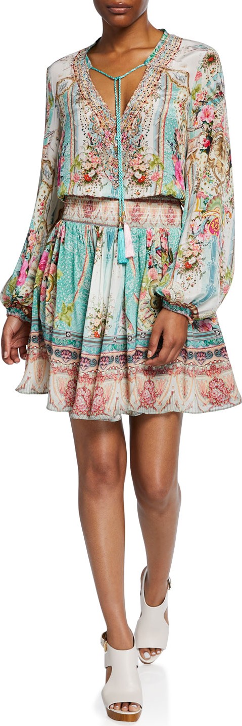 Camilla Short Shirred Printed Long-Sleeve Dress
