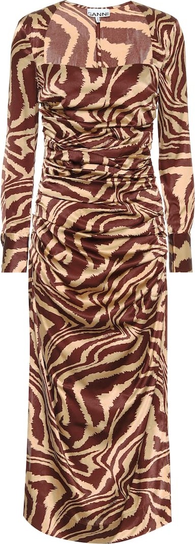 Ganni Zebra-print stretch-silk midi dress