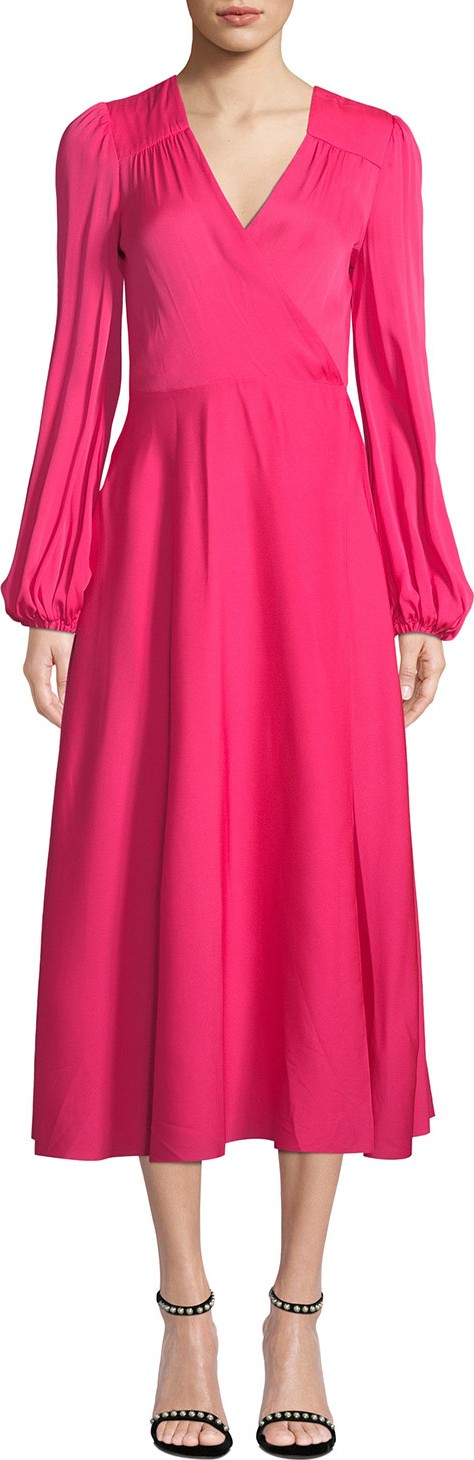 MILLY Gina Long-Sleeve Stretch Silk Midi Wrap Dress