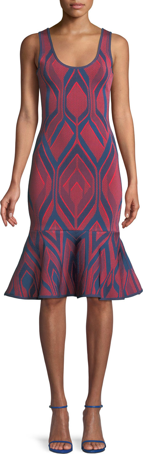 Herve Leger Scoop-Neck Deco-Jacquard Flutter Hem Body-con Cocktail Dress