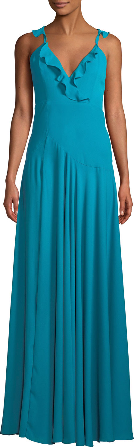 Fame and Partners The Cora V-Neck Sleeveless A-Line Heavy Georgette Gown w/ Ruffled Trim