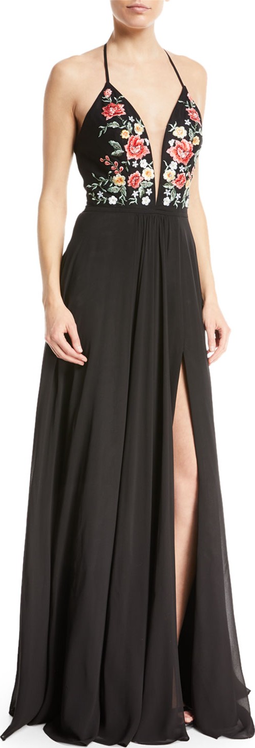 Faviana Couture Chiffon Floral-Embroidered Lace-Up Gown