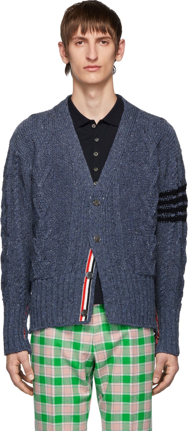 Thom Browne Blue Aran Cable 4-Bar Cardigan