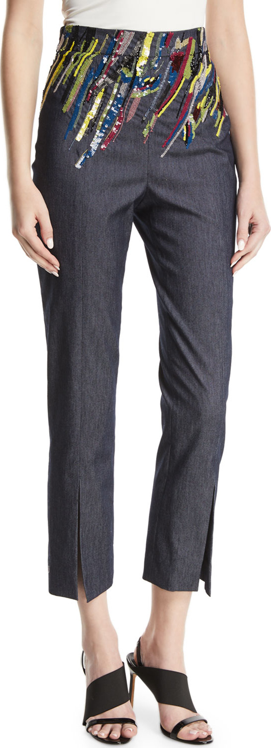 Cushnie Et Ochs High-Waist Straight-Leg Denim Crop Pants w/ Sequins
