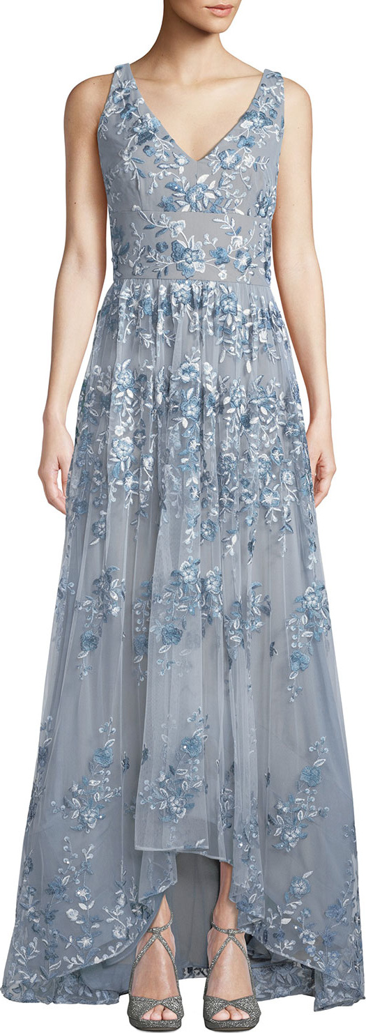 David Meister V-Neck Gown w/ Floral Embroidery