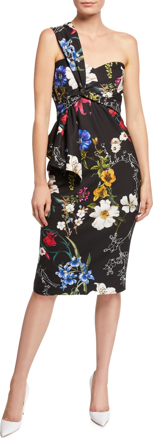 Parker Kysha One-Shoulder Floral-Print Stretch Crepe Cocktail Dress w/ Flounce Detail