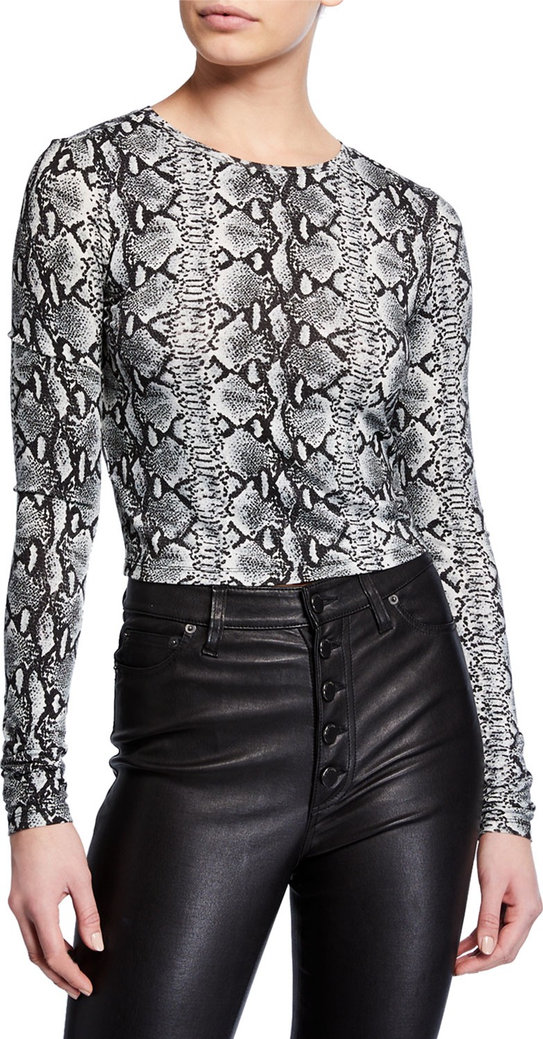 Alice + Olivia Delaina Snake-Print Crewneck Long-Sleeve Crop Top