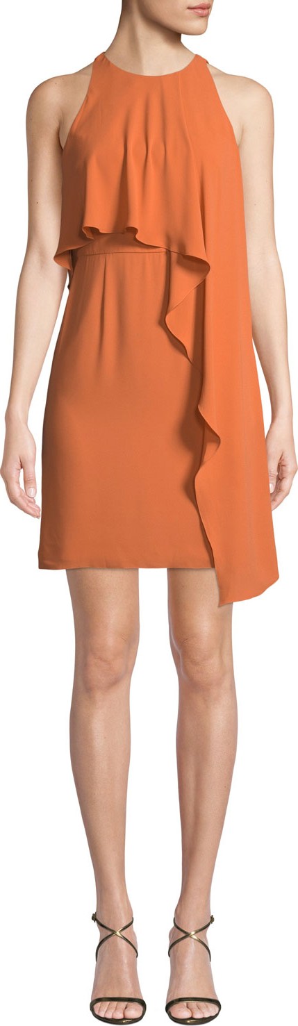 HALSTON HERITAGE Sleeveless High-Neck Dress With Draped Overlay