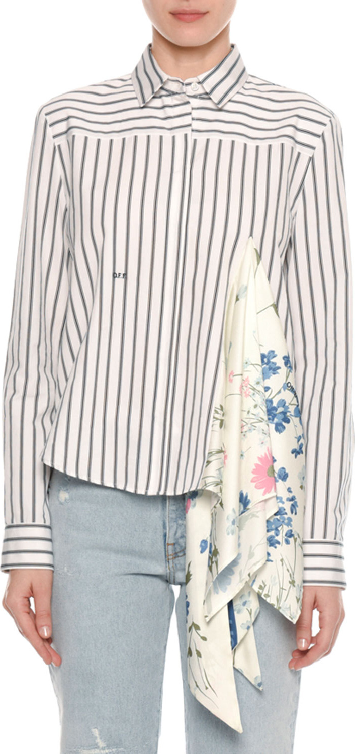 Off White Long-Sleeve Button-Down Striped Shirt with Foulard Scarf Inset