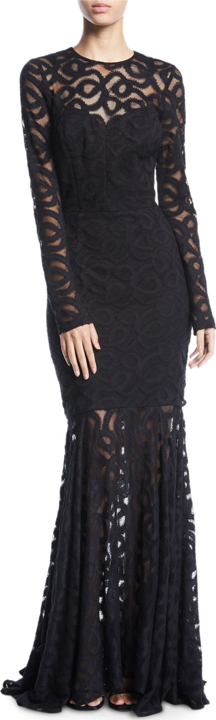 MILLY Viola Sheer Long-Sleeve Fishtail Dress
