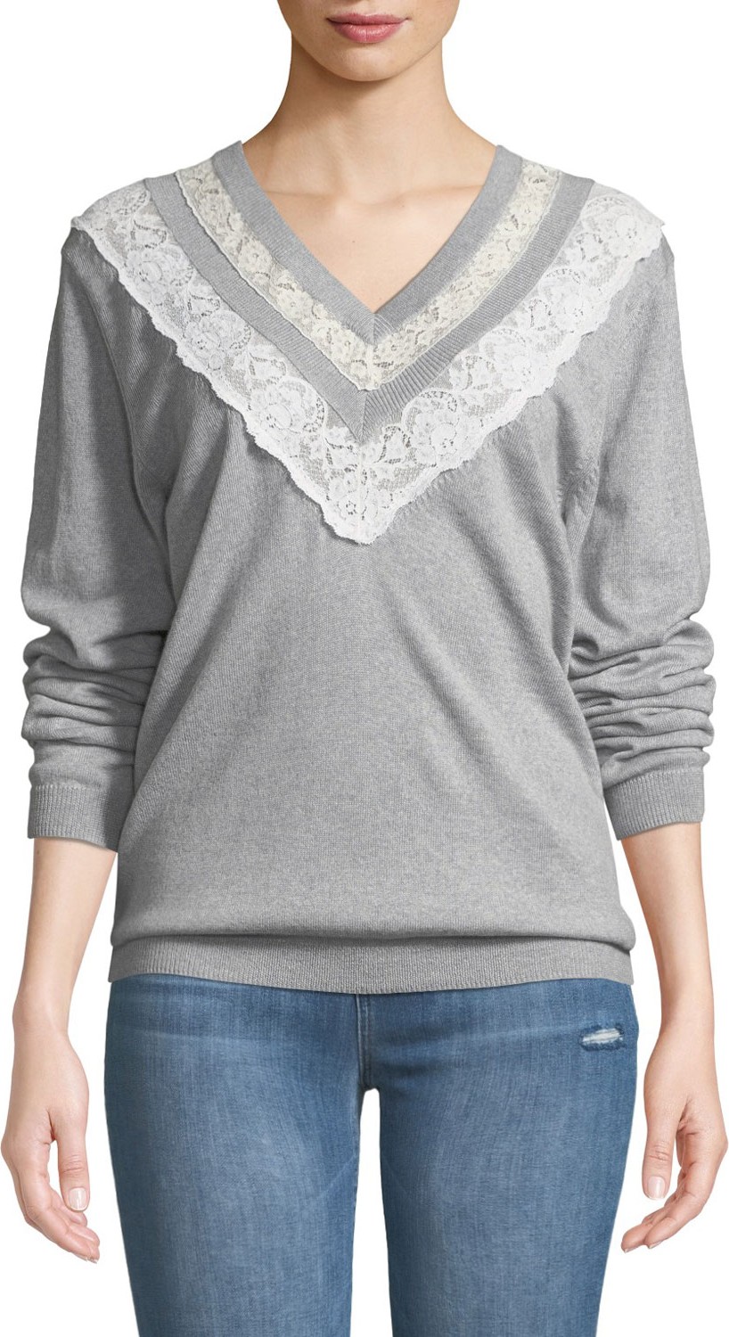 Rebecca Taylor Lace Combo V-Neck Pullover Sweater