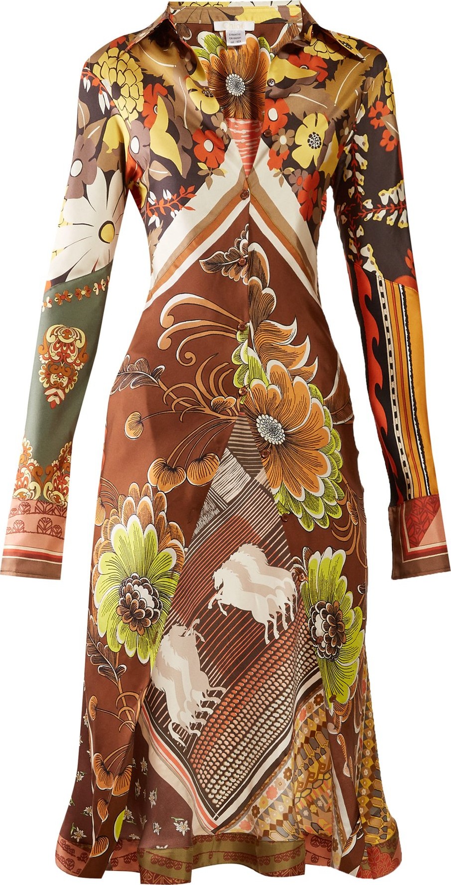 Chloe Caravan-print longline silk shirt