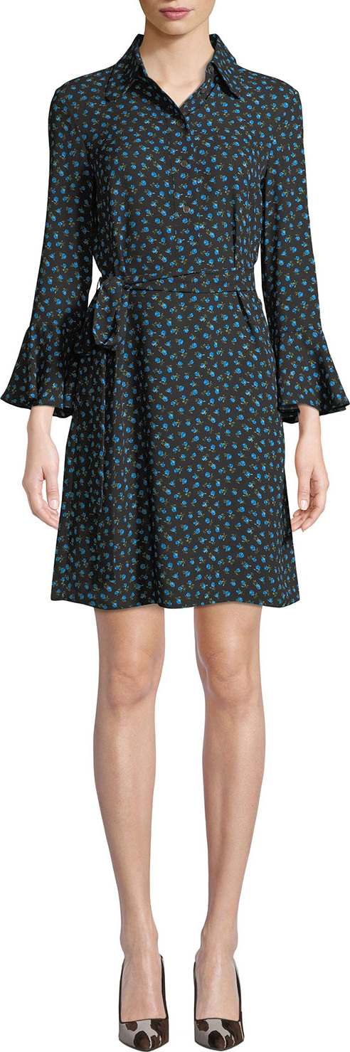 Michael Kors Collection Bell-Sleeve Button-Front Rosebud-Print Silk Georgette Dress