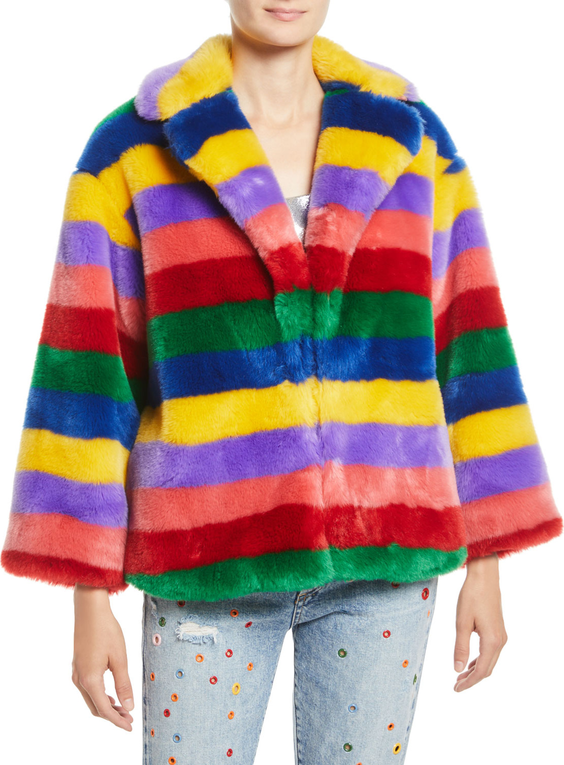 Alice + Olivia Thora Oversize Striped Faux-Fur Hook-Front Coat Alice + Olivia Thora Oversize Striped Faux-Fur Hook-Front Coat