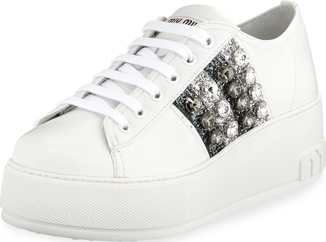 Miu Miu Leather Platform Sneakers with Jeweled Stripes
