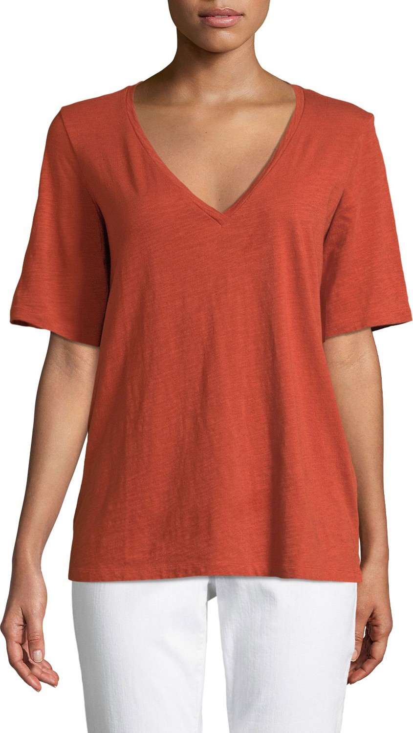 Eileen Fisher Short-Sleeve V-Neck Organic Cotton Slub Jersey Tee
