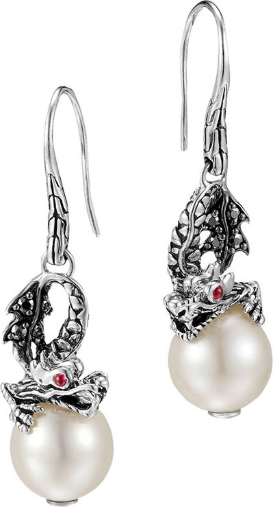 John Hardy Naga Silver Dragon Drop Earrings with Pearl & Black Sapphire