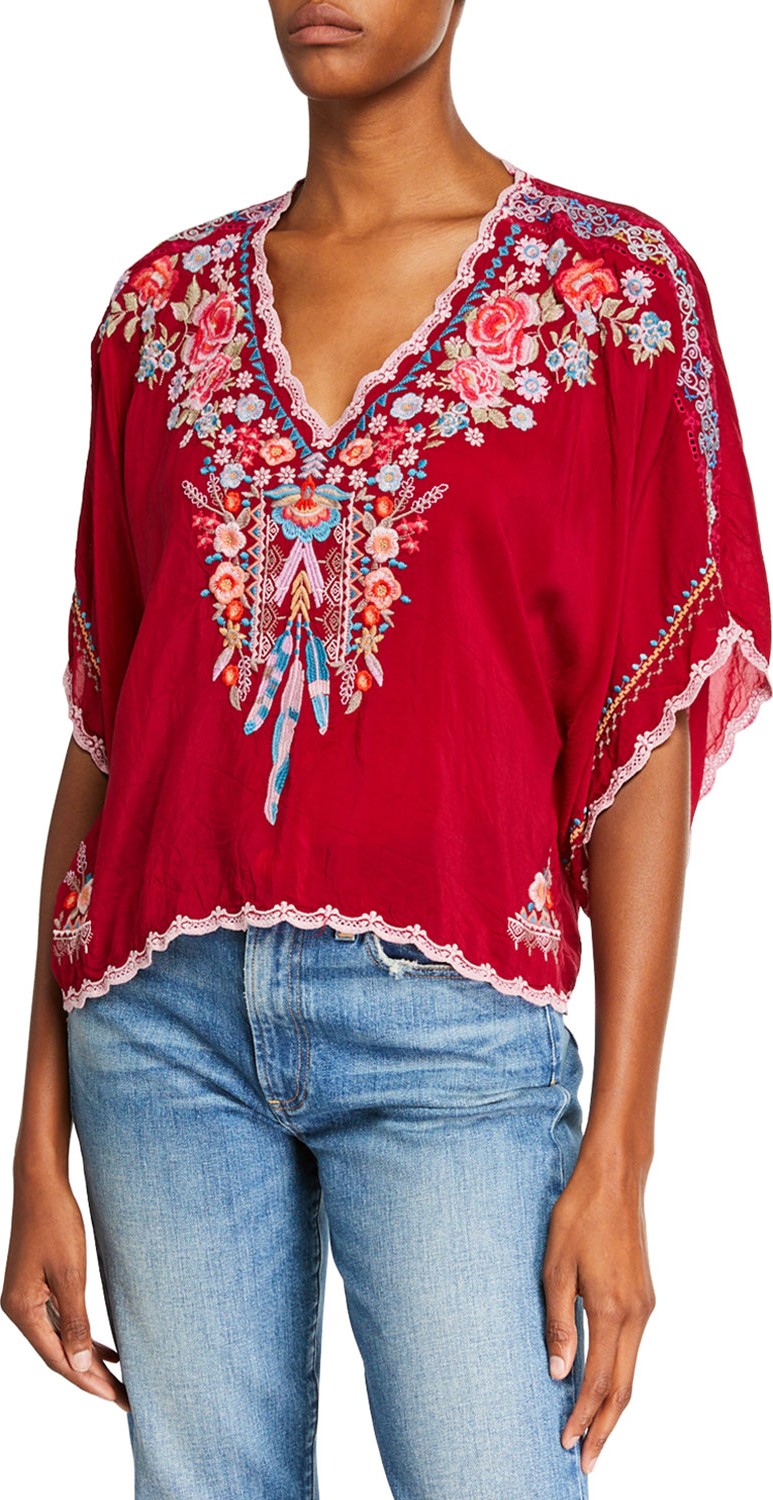 Johnny Was Klarah V-Neck Embroidered Georgette Top w/ Lace Trim