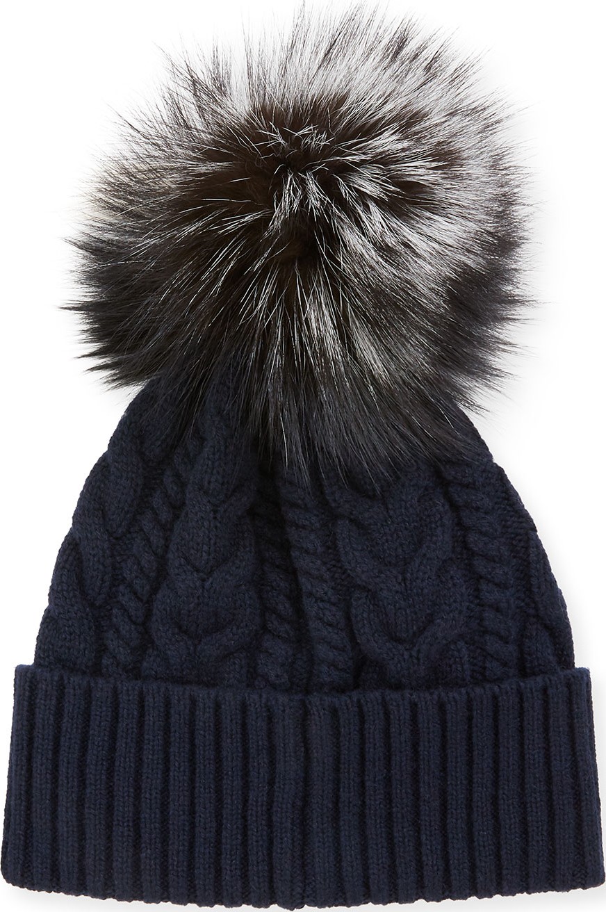 Moncler Cable-Knit Beanie Hat w/ Fox Fur
