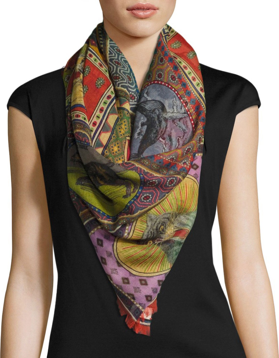 Gucci Tiger Card Silk Shawl, Multi