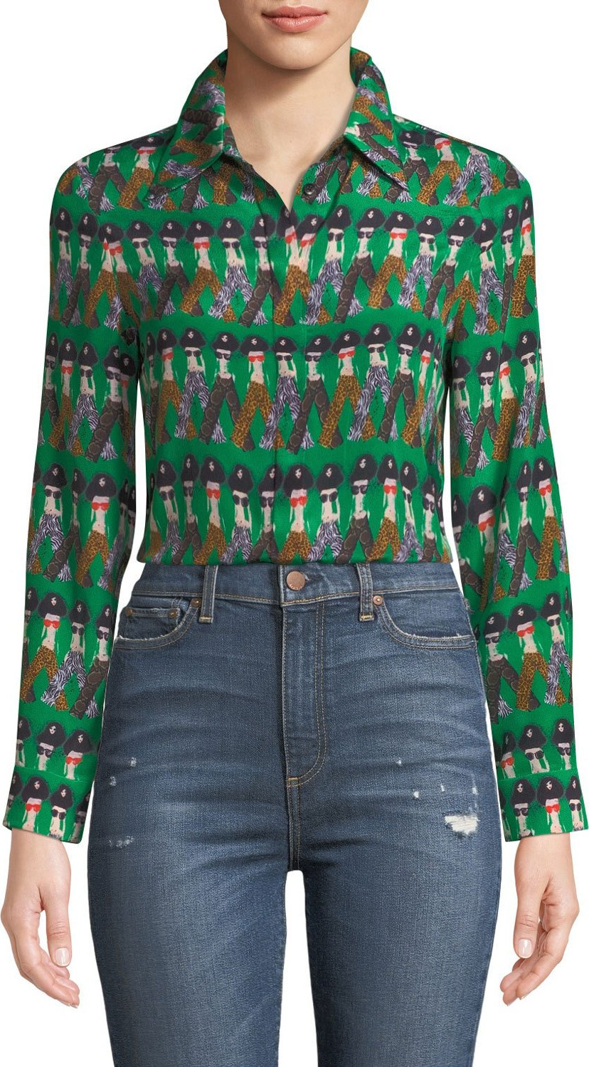 Alice + Olivia Willa Large-Collar StaceFace Printed Silk Top