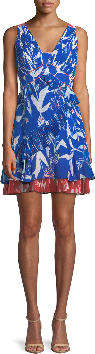 Tanya Taylor Eva Pleated Parrot Tulip-Print Mini Dress