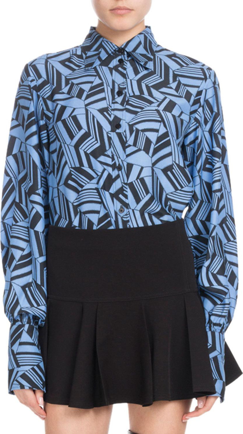Chloe Long-Sleeve Button-Front Geometric-Print Silk Crepe de Chine Blouse
