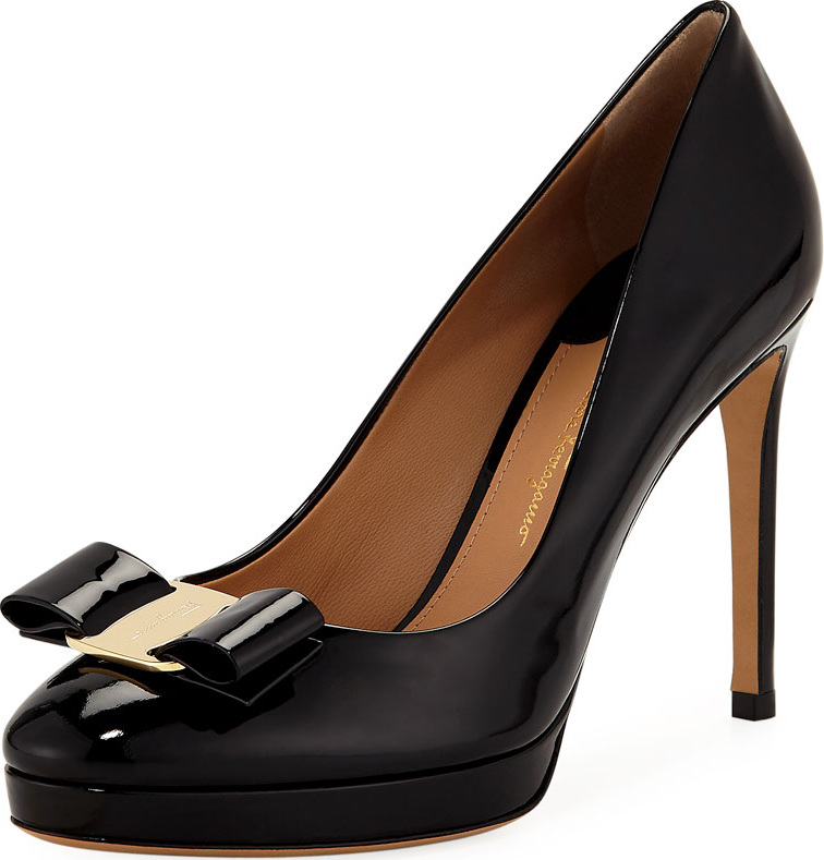 Salvatore Ferragamo Patent Platform Pump with Vara Bow
