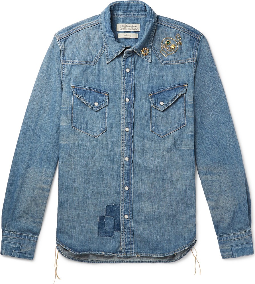 Remi Relief Slim-Fit Distressed Embellished Denim Shirt